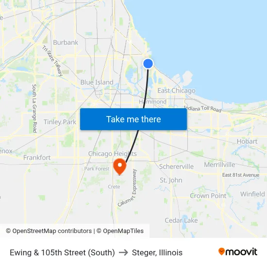 Ewing & 105th Street (South) to Steger, Illinois map