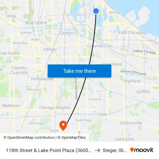 118th Street & Lake Point Plaza (3600 E) (West) to Steger, Illinois map