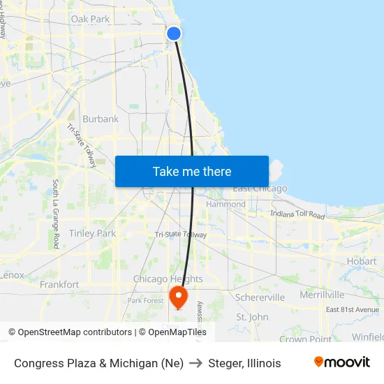 Congress Plaza & Michigan (Ne) to Steger, Illinois map