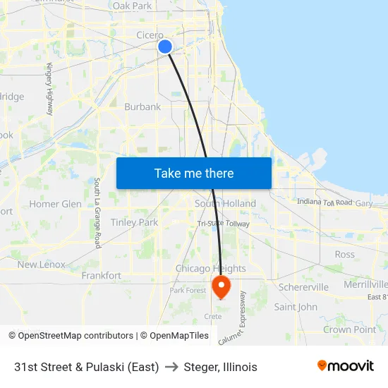 31st Street & Pulaski (East) to Steger, Illinois map