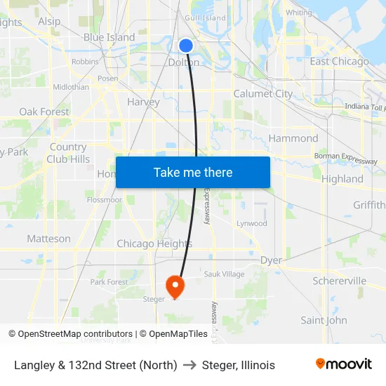 Langley & 132nd Street (North) to Steger, Illinois map