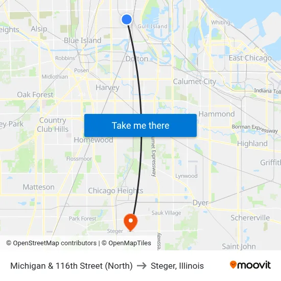 Michigan & 116th Street (North) to Steger, Illinois map