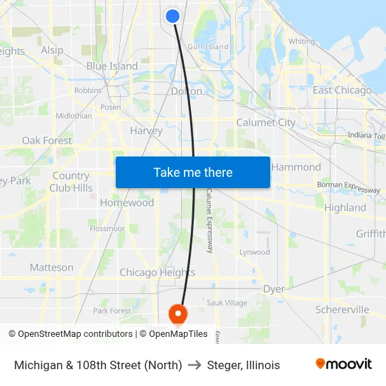 Michigan & 108th Street (North) to Steger, Illinois map