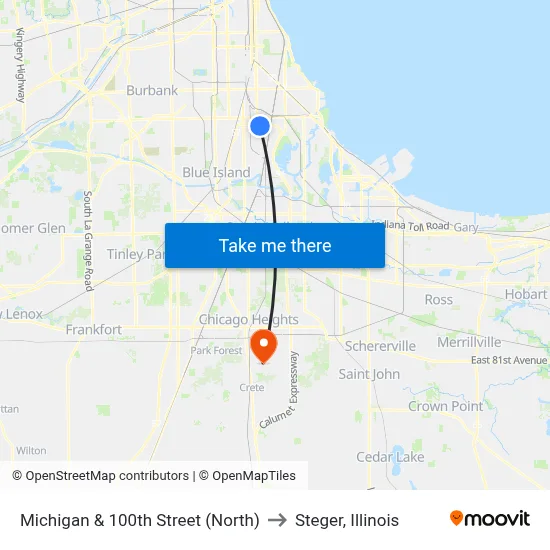Michigan & 100th Street (North) to Steger, Illinois map