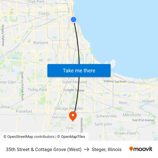 35th Street & Cottage Grove (West) to Steger, Illinois map