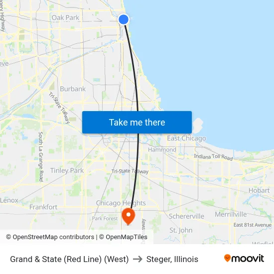 Grand & State (Red Line) (West) to Steger, Illinois map