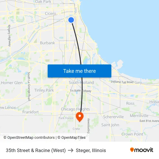 35th Street & Racine (West) to Steger, Illinois map