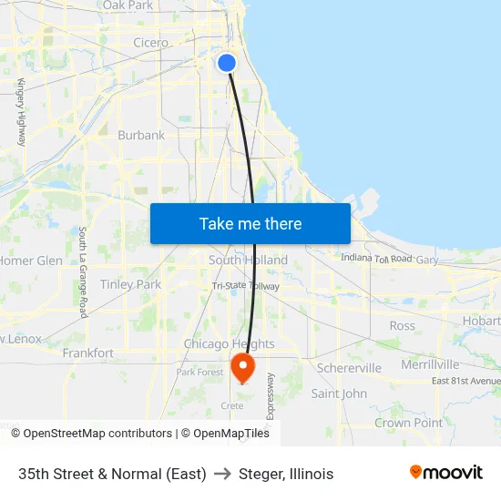 35th Street & Normal (East) to Steger, Illinois map