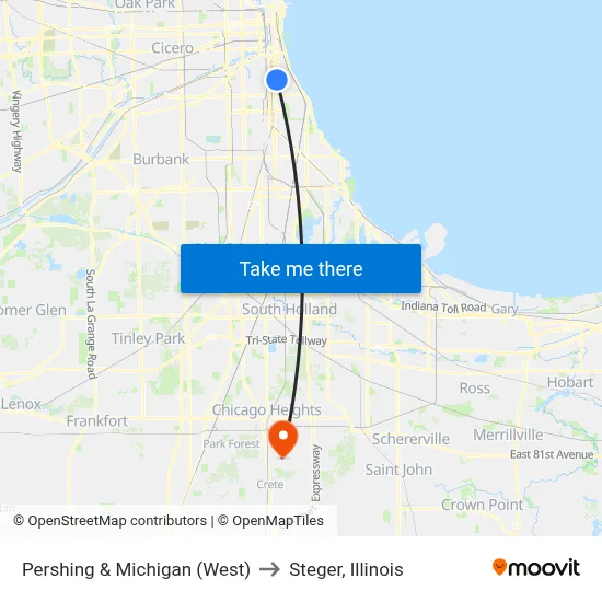 Pershing & Michigan (West) to Steger, Illinois map