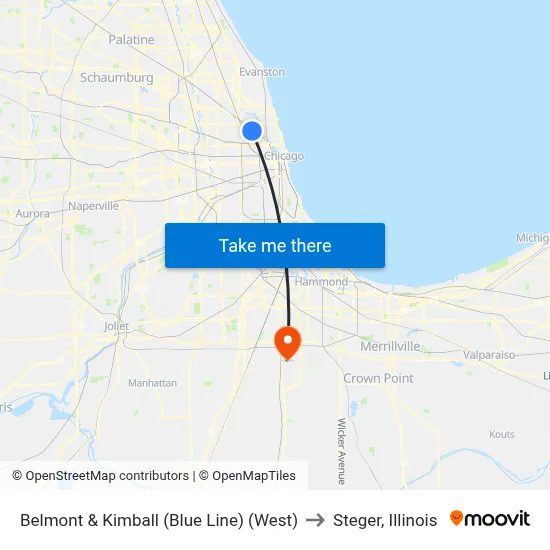 Belmont & Kimball (Blue Line) (West) to Steger, Illinois map