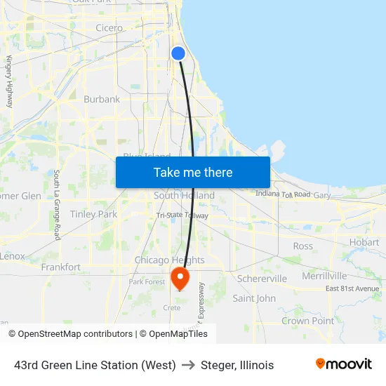 43rd Green Line Station (West) to Steger, Illinois map