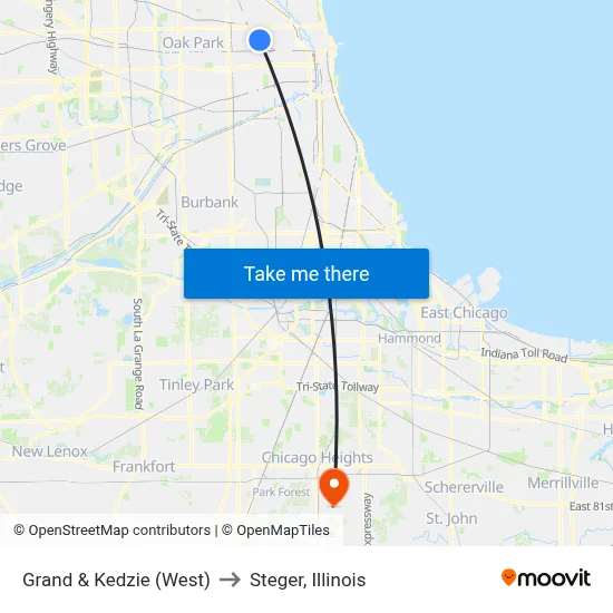 Grand & Kedzie (West) to Steger, Illinois map