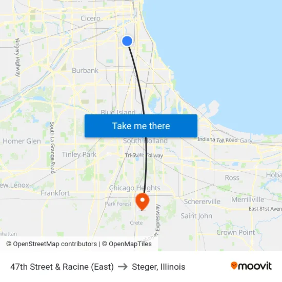 47th Street & Racine (East) to Steger, Illinois map