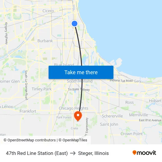 47th Red Line Station (East) to Steger, Illinois map