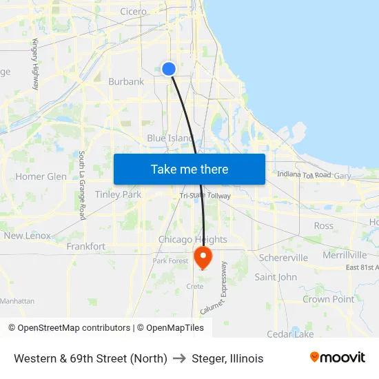 Western & 69th Street (North) to Steger, Illinois map