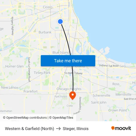 Western & Garfield (North) to Steger, Illinois map