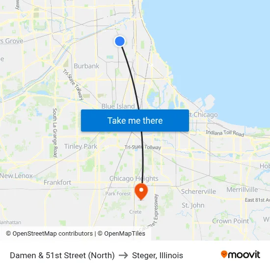 Damen & 51st Street (North) to Steger, Illinois map
