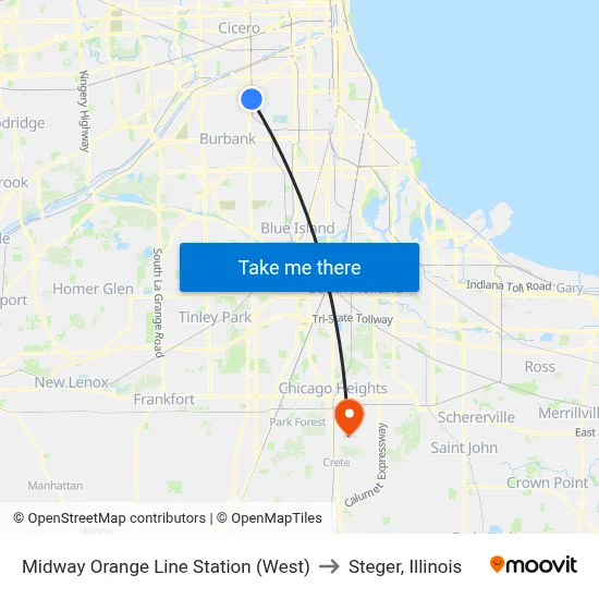 Midway Orange Line Station (West) to Steger, Illinois map