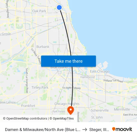 Damen & Milwaukee/North Ave (Blue Line) (North) to Steger, Illinois map