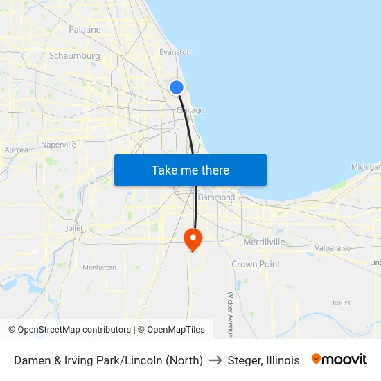 Damen & Irving Park/Lincoln (North) to Steger, Illinois map