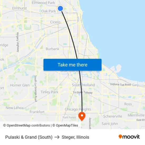 Pulaski & Grand (South) to Steger, Illinois map