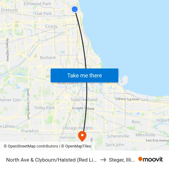 North Ave & Clybourn/Halsted (Red Line) (East) to Steger, Illinois map