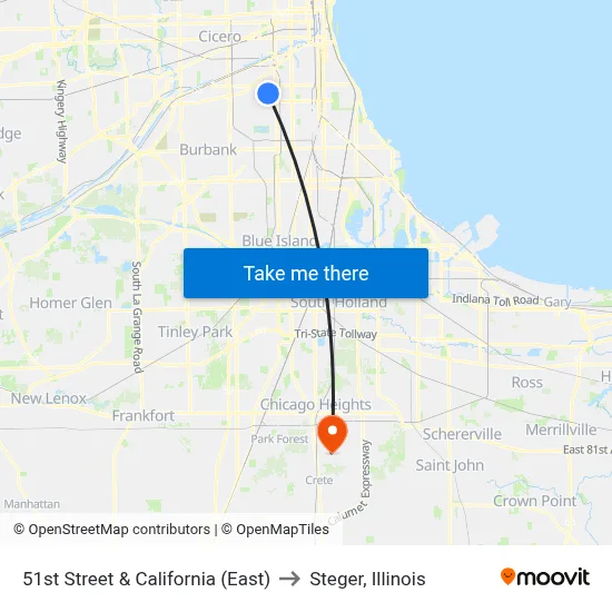 51st Street & California (East) to Steger, Illinois map