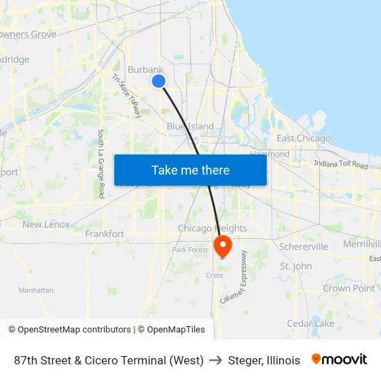 87th Street & Cicero Terminal (West) to Steger, Illinois map