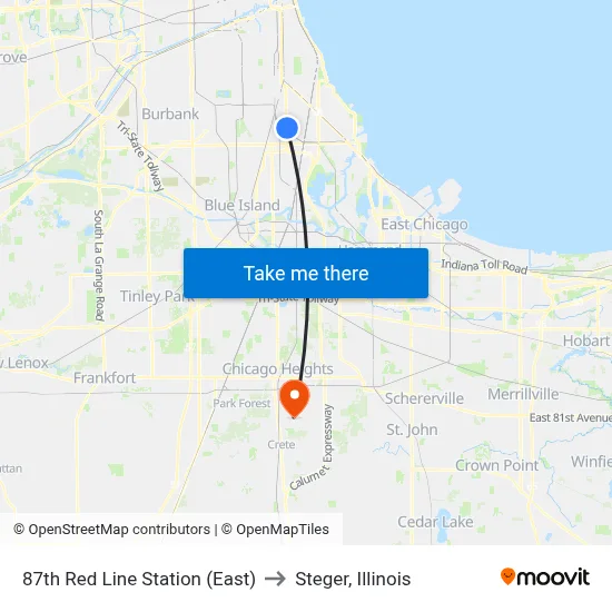87th Red Line Station (East) to Steger, Illinois map