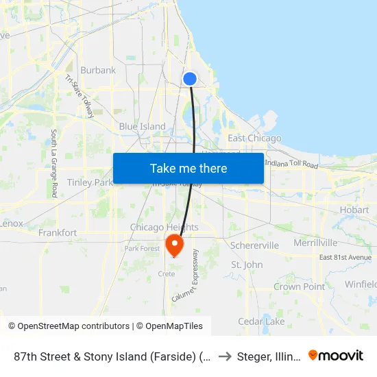 87th Street & Stony Island (Farside) (East) to Steger, Illinois map