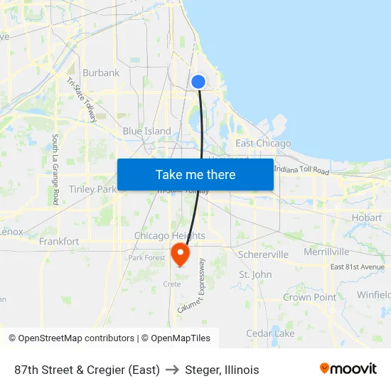 87th Street & Cregier (East) to Steger, Illinois map