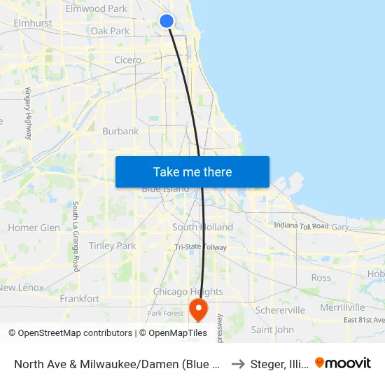 North Ave & Milwaukee/Damen (Blue Line) (West) to Steger, Illinois map
