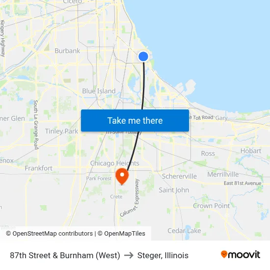 87th Street & Burnham (West) to Steger, Illinois map