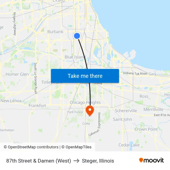 87th Street & Damen (West) to Steger, Illinois map