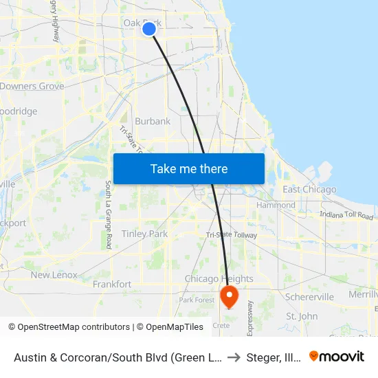 Austin & Corcoran/South Blvd (Green Line) (North) to Steger, Illinois map
