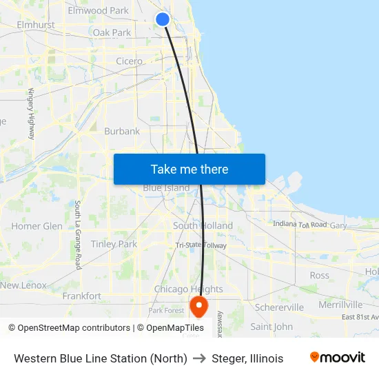 Western Blue Line Station (North) to Steger, Illinois map