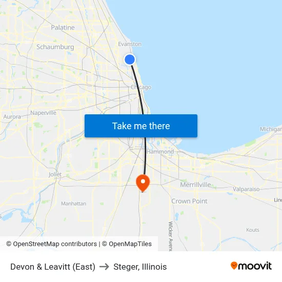 Devon & Leavitt (East) to Steger, Illinois map
