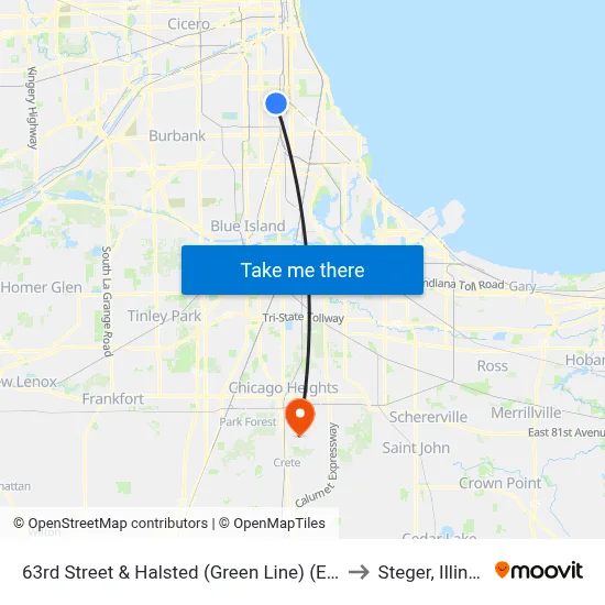 63rd Street & Halsted (Green Line) (East) to Steger, Illinois map