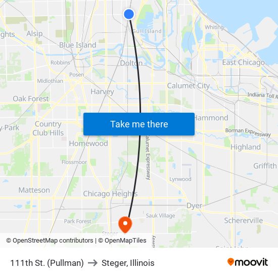 111th St. (Pullman) to Steger, Illinois map