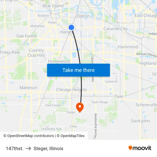147thst. to Steger, Illinois map