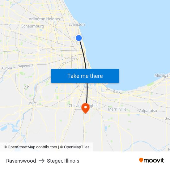 Ravenswood to Steger, Illinois map