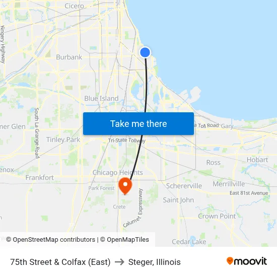 75th Street & Colfax (East) to Steger, Illinois map