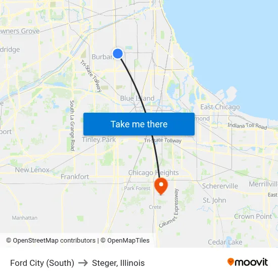 Ford City (South) to Steger, Illinois map
