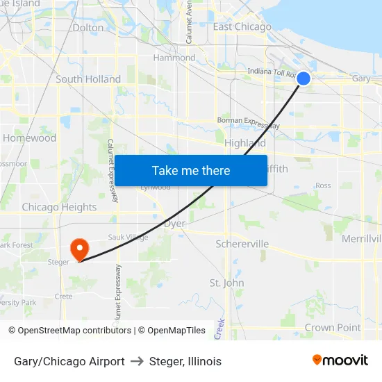 Gary/Chicago Airport to Steger, Illinois map