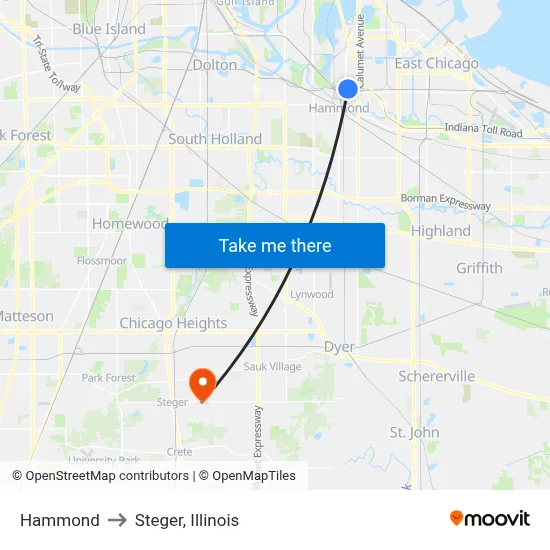 Hammond to Steger, Illinois map