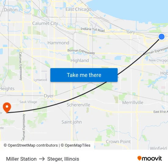Miller Station to Steger, Illinois map