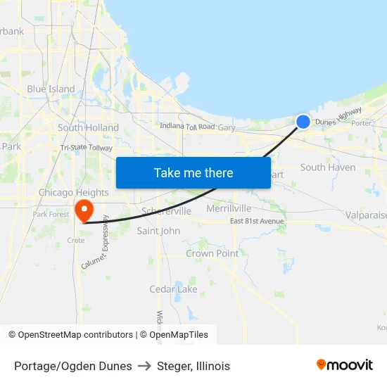 Portage/Ogden Dunes to Steger, Illinois map