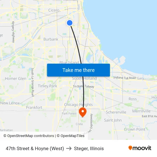 47th Street & Hoyne (West) to Steger, Illinois map