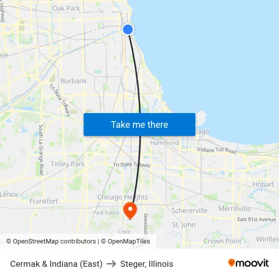Cermak & Indiana (East) to Steger, Illinois map