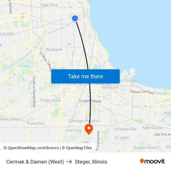 Cermak & Damen (West) to Steger, Illinois map